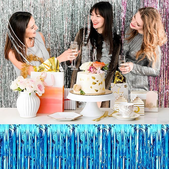 3 Pack 29 x108 Inch Lake Blue Foil Fringe Table Skirts Metallic Banner for Tinsel Streamer Garland Backdrop for Parade Floats Mother's Day, Graduate, Birthday, Wedding Party Decoration