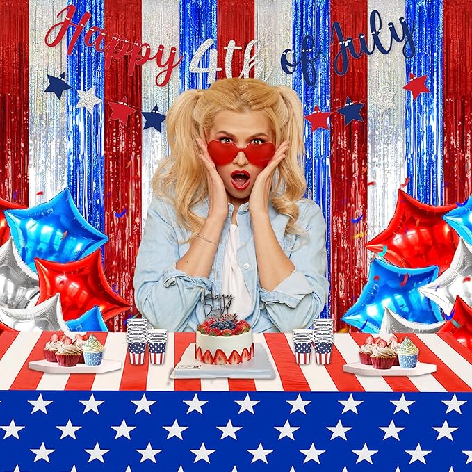 Melsan 2 Pack Red Tinsel Foil Fringe Curtains Backdrop, Sparkle Tinsel Backdrop Curtains for Fourth of July Patriotic Birthday Party Decorations