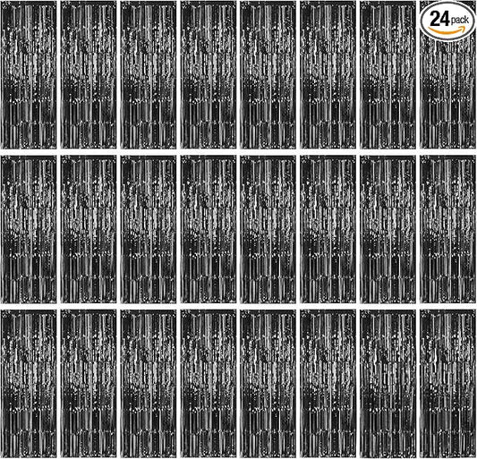 24 Pack Halloween Black Metallic Foil Fringe Curtains, 3.2ft x 8.2ft Foil Fringe Curtain Backdrop Foil Streamers Party Supplies Tinsel Curtain Backdrop for Parties/Halloween/Photo Booth