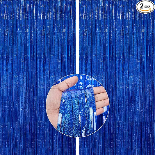 PartyWoo 2 pcs Royal Blue Foil Fringe Curtain, Metallic Foil Tinsel Fringe Backdrop Door Fringe for Birthday Wedding Party Photo Backdrop, Blue Streamers Party Decorations