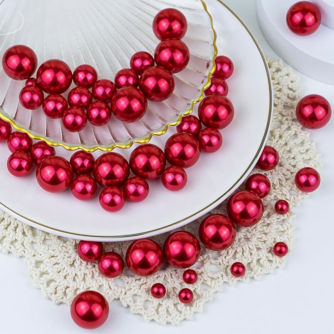 300Pcs Red Polished No Hole Faux Pearl Beads for Vase Filling Decorations, Plastic Pearls Vase Fillers, Table Scatters, Wedding Centerpiece, Home Decor, 8/14/20 mm