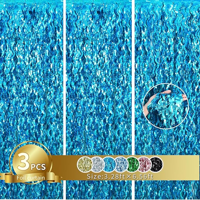 TONIFUL 3Pcs Wavy Metallic Tinsel Foil Fringe Curtains Teal Blue Streamer Backdrop for Photo Booth Props,Party Door Wall Curtains,Bachelorette,Underwater World Birthday Party Decor (9.9ft x 6.6ft)