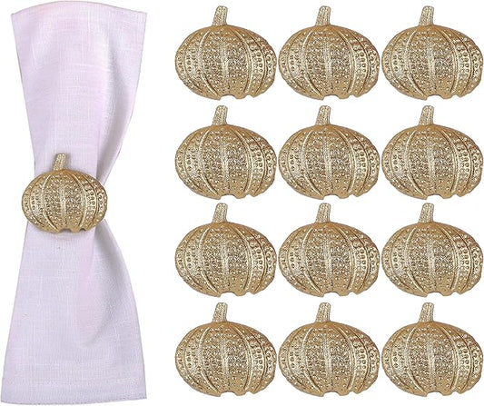 Gold Lightweight Metal Napkin Rings Set of 12 - Pumpkin Elegant Napkin Holders Modern Serviette Buckles Metallic Adornment for Table Settingsfor Thanksgiving, Fall, Halloween & Holiday - CLEENTABLE
