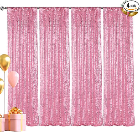 Hahuho Pink Sequin Backdrop Curtain, 4PCS 2FTx8FT Glitter Backdrop Curtain for Parties, Christmas, Wedding, Banquet Decoration（4 Panels, 2FT x 8FT, Pink）