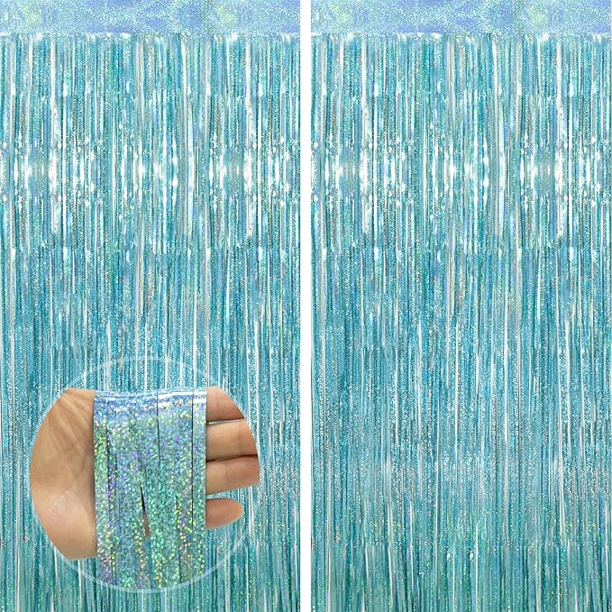 Light Blue Streamers Party Decorations - Thicken 2 Pack 3.2 x 8.2 FT - Blue Foil Fringe Backdrop Curtains for Birthday, Baby Shower, Bachelorette, Frozen, Pool, Under The Sea, Beach Party Decorations