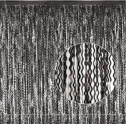 Black Foil Fringe Curtains Party Decorations - 4 Pack 3.3 ft x 6.6 ft Foil Party Curtain Streamer Backdrop for Halloween | Graduation | Fiesta Birthday Decor