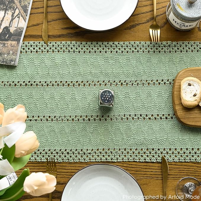 Artoid Mode Light Green Farmhouse Woven Rustic Hollow Table Runner, Seasonal Holiday Kitchen Dining Table Decoration for Home Party Decor 12x36 Inch