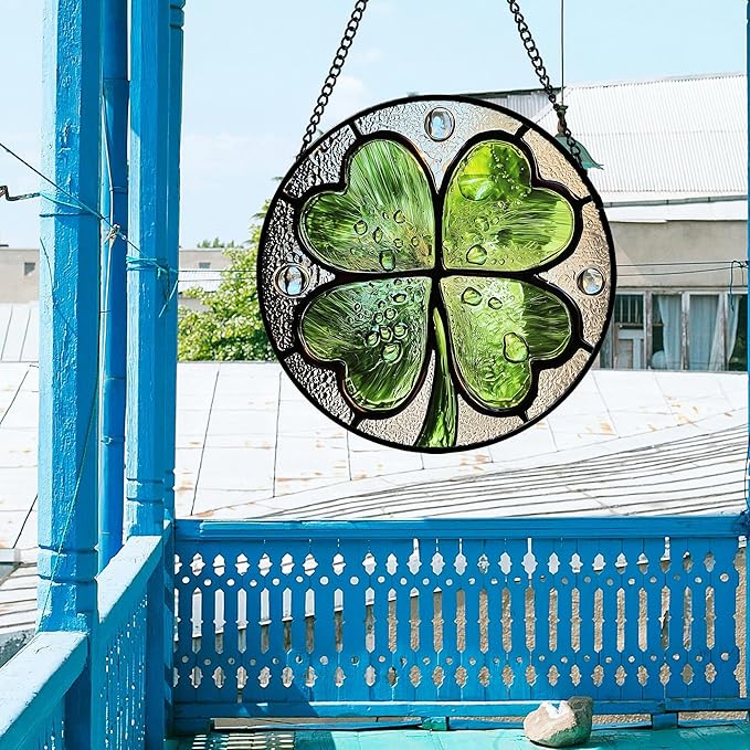 Stained Glass Window Hanging, Green Silver 4 Leaf Clover Sun Catcher for Window Door Home Decor Plant Suncatcher Christmas Mother's Day Birthday Gifts for Women Men Mom Nana 11.8 in