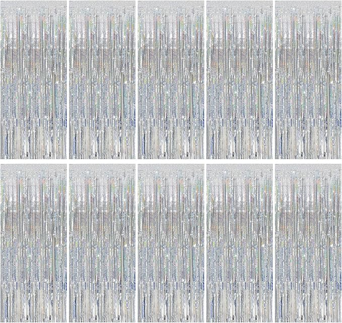 Tinsel Curtain Party Backdrop Silver Birthday Decorations 10 Packs Glitter Foil Fringe Curtain Party Decor Streamers Photo Booth for Birthday Christmas Wedding Halloween Graduation Decorations