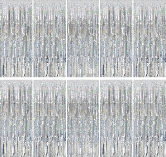Tinsel Curtain Party Backdrop Silver Birthday Decorations 10 Packs Glitter Foil Fringe Curtain Party Decor Streamers Photo Booth for Birthday Christmas Wedding Halloween Graduation Decorations