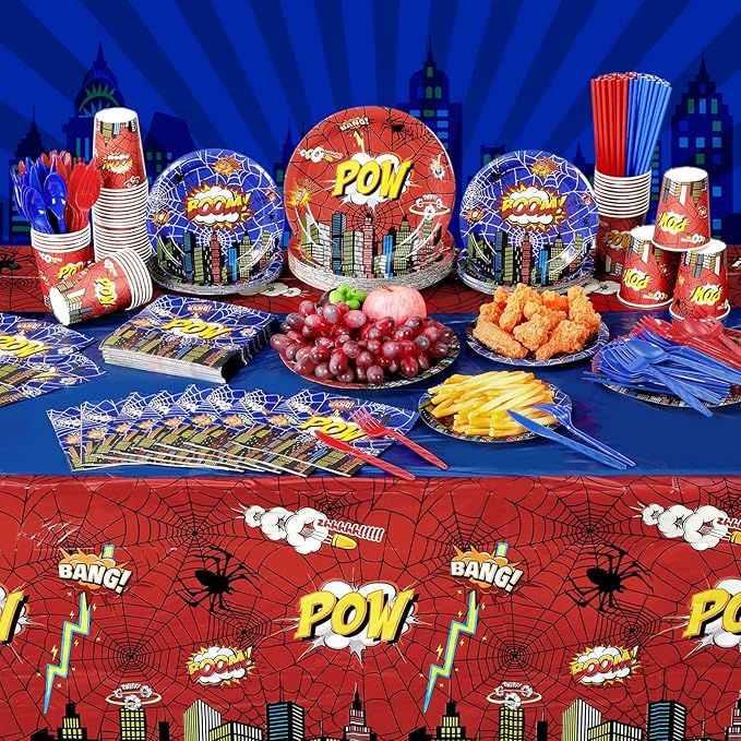452 Pcs Spider Themed Birthday Party Supplies for 50 Guests, Hero Theme Paper Plates Napkins Cups Tablecloth Cutlery Straws Tableware for Red Blue Halloween Birthday Party Decorations