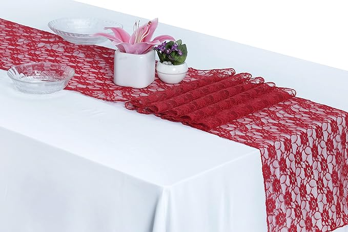 MDS Pack of 25 Wedding 12 x 108 inches Lace Table Runner for Wedding, Decorations for Birthday Parties, Banquets, Graduations, Engagements, and Runners fit Rectangle, Round Table- Apple red