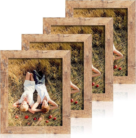 8x10 Picture Frame Set of 4, High Definition Real Glass Rustic Brown Frame, 8 x 10 Wood Photo Frames for Desktop Display and Wall Mounting