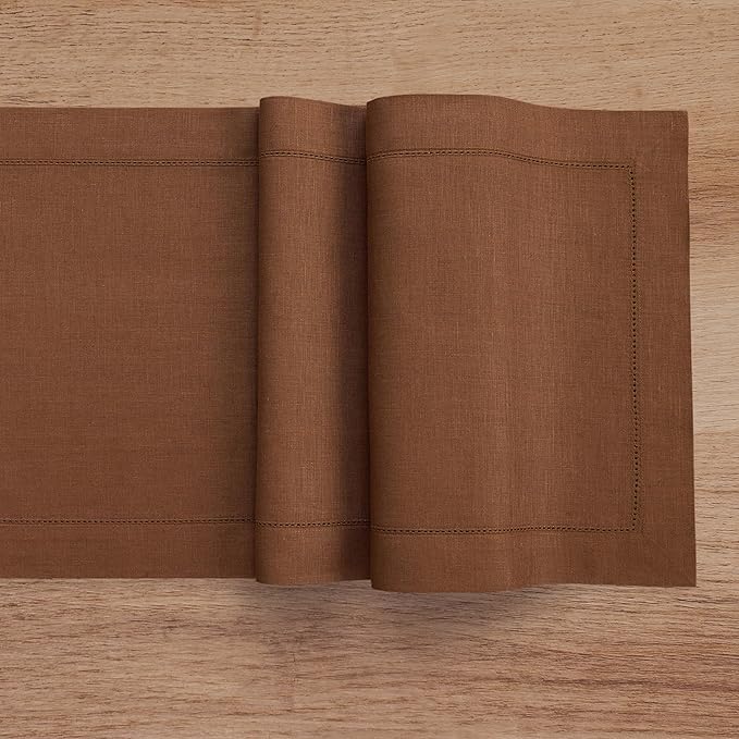 Solino Home Linen Brown Table Runner 60 Inches - Classic Hemstitch, 100% Pure Linen Coffee Table Runner 14 x 60 Inch Ideal for Dresser Tables, Fall, Autumn, Thanksgiving