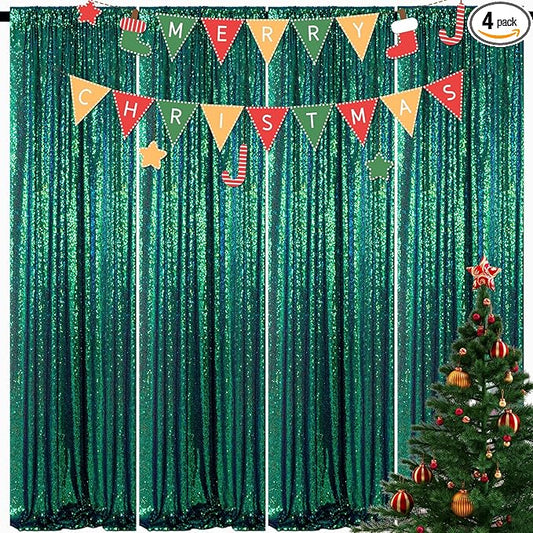 ShinyBeauty Sequin Backdrop 4 Pieces Iridescent Green Sequin Curtains Panels Photograph Backdrops Shimmer Background Christmas Birthday Party Decor Glitter Curtain (2Ftx8Ft)
