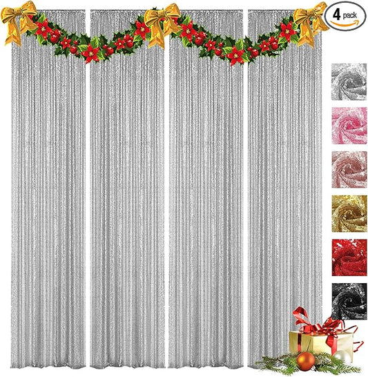 VOK Silver Sequin Backdrop Curtains 4 Panels 2FTx8FT Glitter Photography Background for Wedding Birthday Christmas Party Decorations