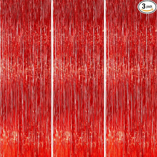 PartyWoo Red Streamers Fringe Curtain Backdrop 3 pcs 8.2 ft Tinsel Foil Backdrop for Baby Shower Graduation Birthday Girls Mothers Day Casino Firefighter Red Carpet Cherry Theme Party Decorations