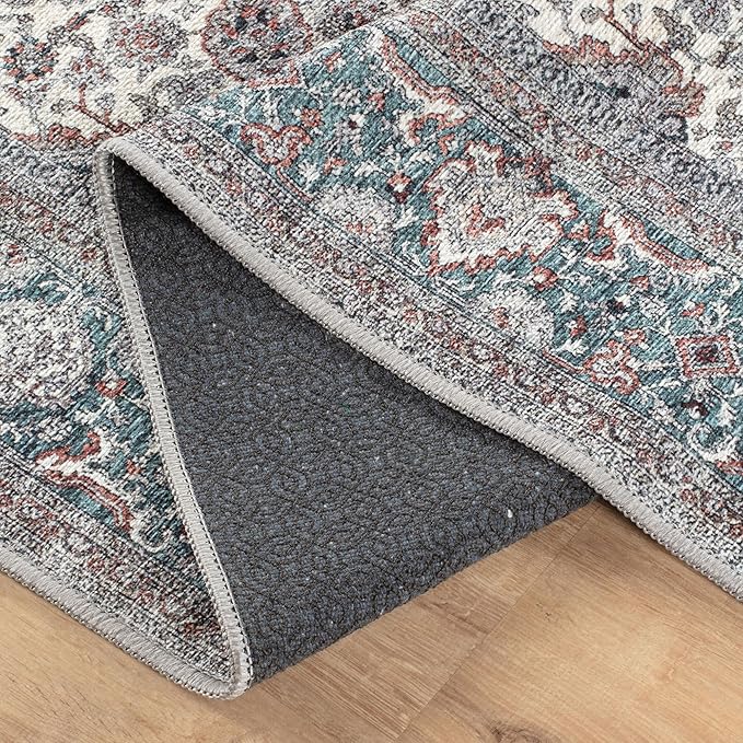 Bloom Rugs Washable Non-Slip 7 ft Runner - Teal/Blue/Beige Traditional Oriental Runner for Entryway, Hallway, Bathroom, and Kitchen - Exact Size: 2.5' x 7'