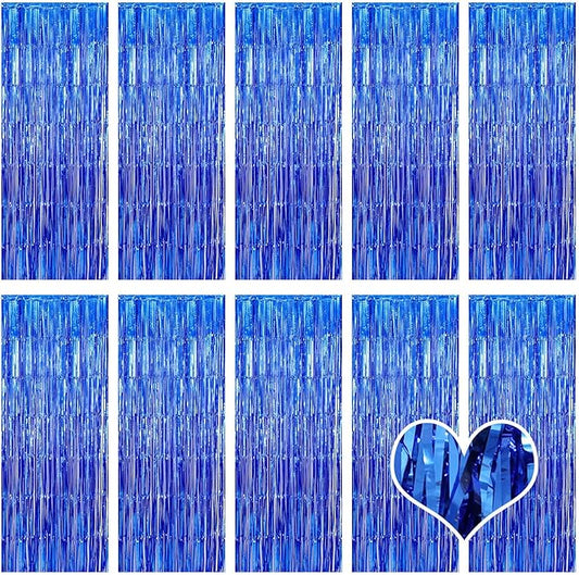 10 Pack Blue Backdrop Curtain 3.2ft x 8.2ft Metallic Tinsel Foil Fringe Curtains Photo Booth Background for Birthday Party Decoration Baby Shower Engagement Wedding Christmas Decoration (Blue)