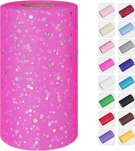 Glitter Tulle Rolls, 6' by 50 Yards (150FT) Sequin Tulle Netting Fabric for Tutu Skirts Sewing Birthday Wedding Party Decoration (Dark Pink)