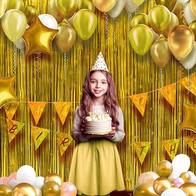 2 Pack Metallic Gold Fringe Backdrop, 3.2x8.2ft Shining Foil Tinsel Curtains, Birthday Party Decorations Door Streamers for Halloween, Christmas, Wedding, Graduation, Holiday, Theme Events