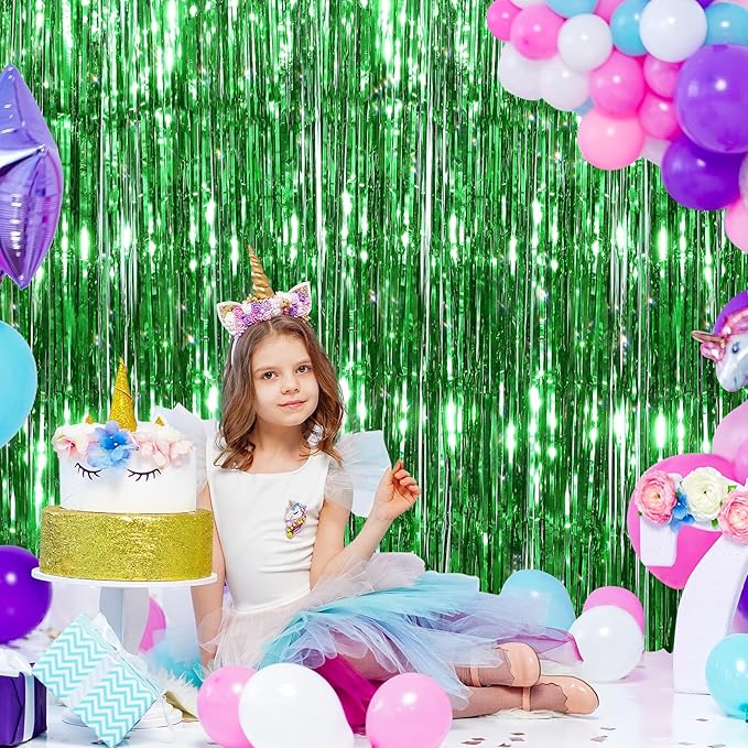 2 Pack Green Metallic Tinsel Foil Fringe Curtains, Door Streamers Photo Booth Backdrop for Birthday Party, Tinsel Curtain Backdrop for Baby Shower Bachelorette Christmas Party Decorations