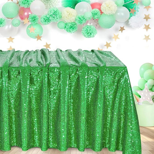 QueenDream Sequin Tablecloth - Green Party Tablecloth 90x156 Inch Green Glitter Table Cloth Sequin Fabric for Birthday Birdal Baby Shower Wedding