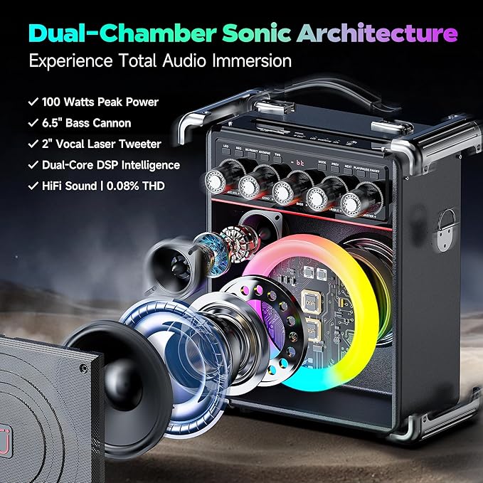 Karaoke Machine with 2 Wireless Mics for Adults Kids | Bluetooth 5.3 Speaker with Bass/Treble/Echo Adjustment | PA System with Disco Lights & Remote Control, Supports TV/TF Card/USB/AUX/Live