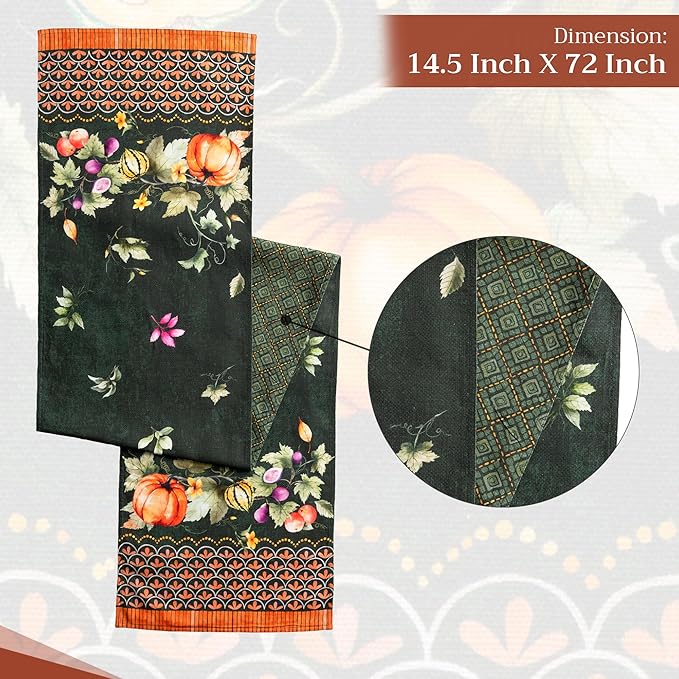 Maison d' Hermine Table runner 100% Cotton Double Layer Table Runners 72 inches long for Thanksgiving Christmas Decorations Home Kitchen Dining Party Wedding (Pumpkin Garden - Dark Green, 14.5" x 72")