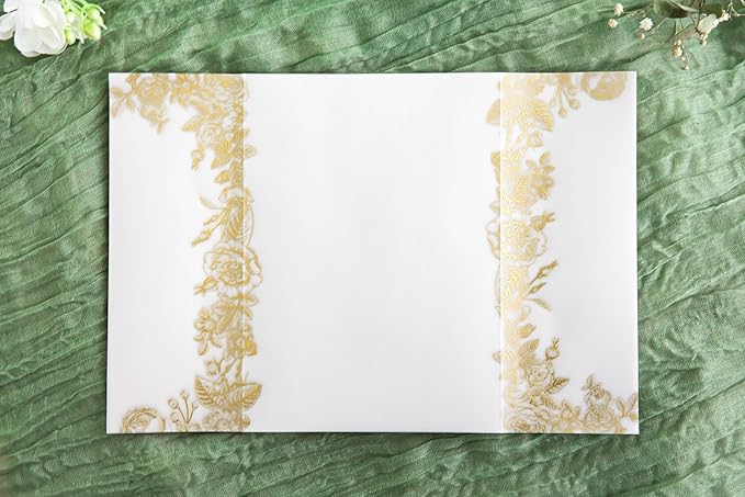 PONATIA 50 PCS Vellum Jackets for 5x7 Invitations- 135gsm Gold Foil Print Floral Printed Vellum Sleeves, Quinceanera Wedding Invitation Cards Wraps, Transparent Christmas Gift Cards Jackets
