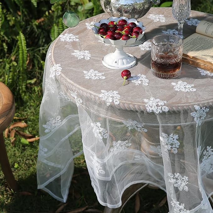 patdrea Designer White Lace Elegant Tablecloth for Rectangle Tables,Vintage Tulle French Romantic Knitted Embroidered Overlay Tablecloths Decor for Kitchen Wedding Banquet,59"*91"
