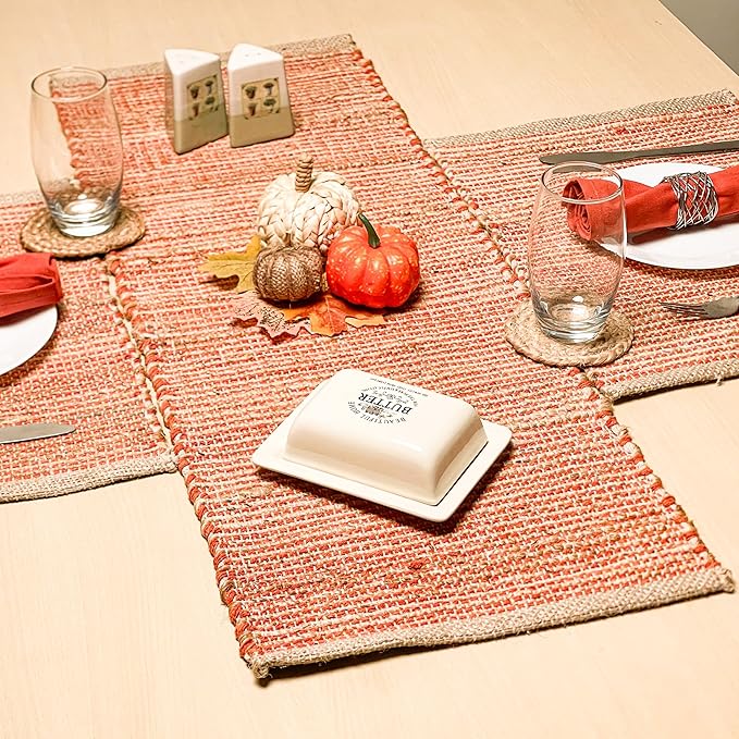 Chardin home Natural Jute Table Runner 13x36 Inch – Vintage Boho Rustic Table Decor – Handwoven Table Runner in Natural Jute and Rust Orange – Farmhouse Dining or Console Table Accent