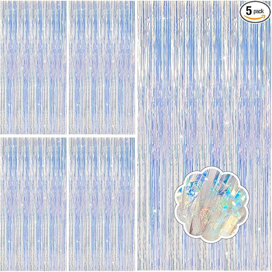 5 Pack Iridescent Neon Party Decorations Sparkly Tinsel Backdrop Foil Fringe Curtain Glitter Curtains for Birthday Party Ocean Theme Valentines Bachelorette Holiday Decorations
