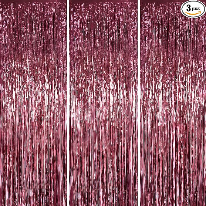 3 Pack 3.3 x 6.6 ft Burgundy Foil Fringe Backdrop Curtains, Tinsel Streamers Party Decorations, Fringe Backdrop for Birthday, Baby Shower, Gender Reveal, Graduation