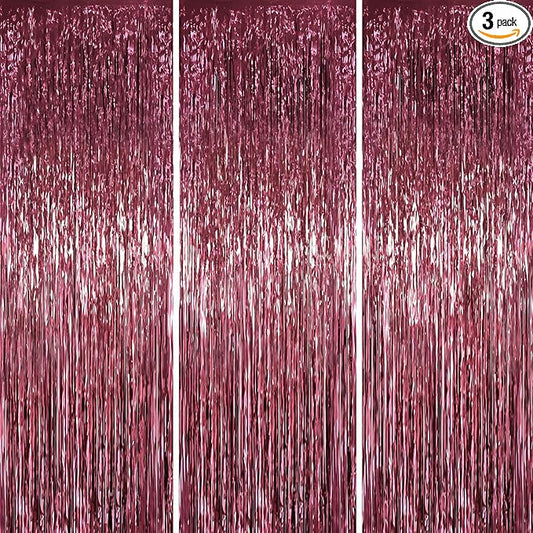 3 Pack 3.3 x 6.6 ft Burgundy Foil Fringe Backdrop Curtains, Tinsel Streamers Party Decorations, Fringe Backdrop for Birthday, Baby Shower, Gender Reveal, Graduation