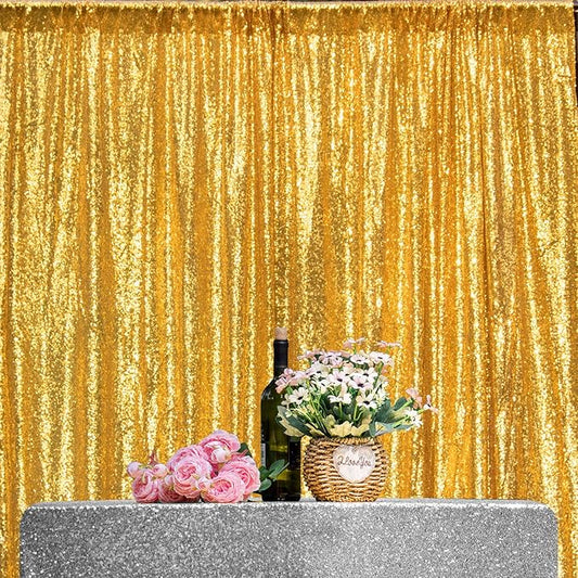 JYFLZQ Gold Sequin Backdrop Curtains 6ft x 8ft 1 Panel Glitter Photo Booth Backdrops Sparkly Photography Background Drapes for Parties Wedding Bridal Showers