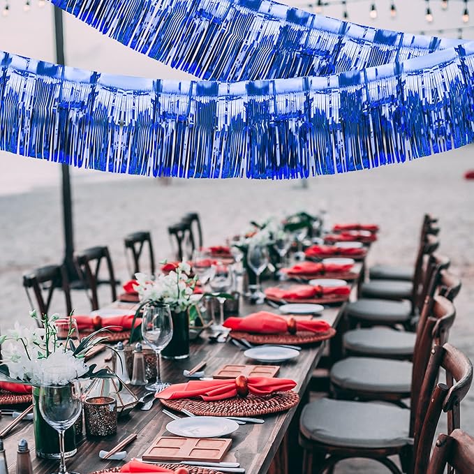 4 Pack Iridescent Float Fringe Curtains, Metallic Foil Fringe Garland Shiny Tassel Foil Parade Float Decorations for Trailer Car Graduation Homecoming Outdoor Indoor Party (Royal Blue)