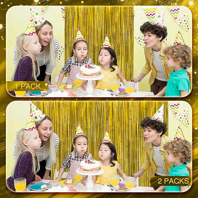 2 Pack Metallic Gold Fringe Backdrop, 3.2x8.2ft Shining Foil Tinsel Curtains, Birthday Party Decorations Door Streamers for Halloween, Christmas, Wedding, Graduation, Holiday, Theme Events