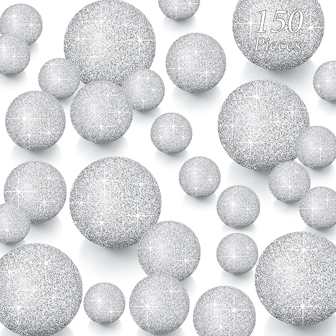150 Pieces Vase Filler Faux Pearls Vase Makeup Beads No Hole Gloss Bead Mixed Sizes Round Pearl for Home Party Wedding Decor, 8/14/20 mm(Glitter Silver)