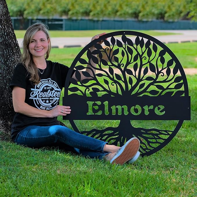 RealSteel Personalized Metal Wall Art - Custom Tree of Life Design with Family Name - Circular Metal Sign - Personalized Wedding, Anniversary, or Housewarming Gift (18")