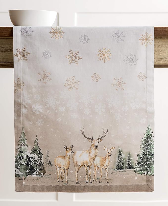 Maison d' Hermine Table Runner 100% Cotton Single Layer Table Runners 60 inches Long for Thanksgiving Christmas Decorations Home Kitchen Dining Party Wedding (Deer in The Woods, 14.5" x 60")
