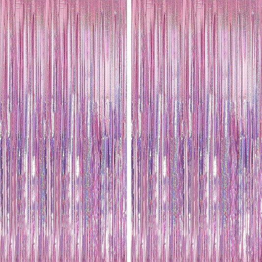Crosize 2 Pack 3.3 x 9.9 ft Laser Pink Foil Fringe Backdrop Curtain, Streamer Backdrop Curtains, Streamers Birthday Party Decorations, Tinsel Curtain for Parties, Galentines Decor, Preppy, Photo Booth