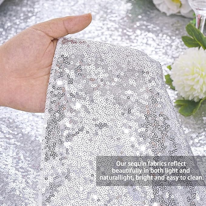 QueenDream Tablecloth 90x156 Rectangle Sequin Tablecloth Silver Wedding Table Linens Glitter Birthday Bridal Party Indoor Outdoor Decorations
