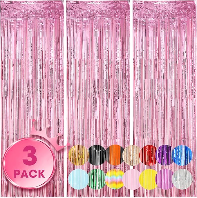 3 Pack 3.3 x 8.2 ft Light Pink Foil Fringe Backdrop Curtains, Tinsel Streamers Birthday Party Decorations, Fringe Backdrop for Graduation, Baby Shower, Gender Reveal, Disco Party