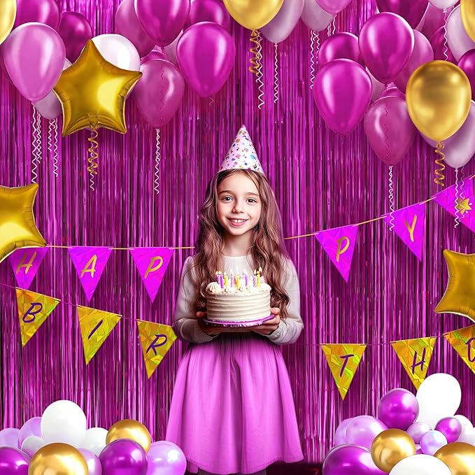 2 Pack Metallic Fuchsia Fringe Backdrop, 3.2x8.2ft Shining Foil Tinsel Curtains, Birthday Party Decorations Door Streamers for Halloween, Christmas, Wedding, Graduation, Holiday, Theme Events
