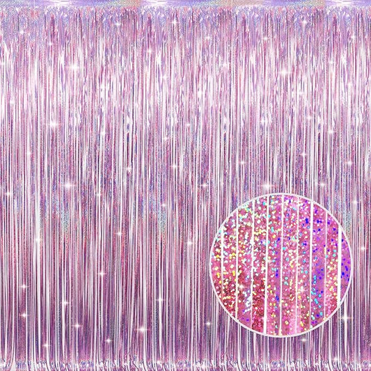 GOER 3.2 ft x 8.2 ft Metallic Tinsel Foil Fringe Curtains Party Photo Backdrop Party Streamers for Birthday,Graduation,New Year Eve Decorations Wedding Decor(1 Pack,Laser Pink)