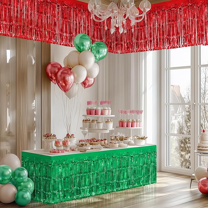 2 Pack Red Green Table Skirts, 29x108" Metallic Foil Tinsel Fringe Table Skirt for Rectangle Tables Streamer Curtains Backdrop, Party Decorations for Birthdays, Weddings, Holidays