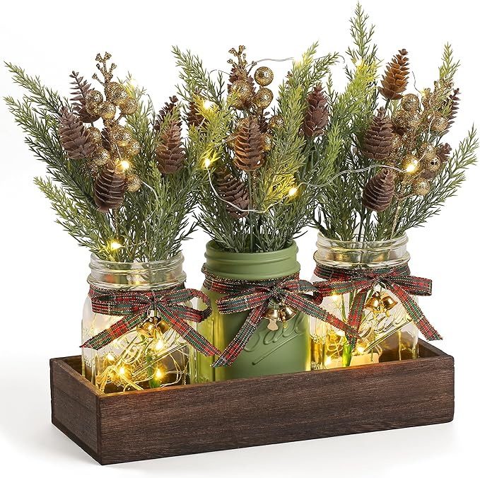 3 Pcs Mason Jar Centerpiece Decorations for Christmas Table Decor Farmhouse Coffee Table Decor Christmas Kitchen and Room Decor,Green