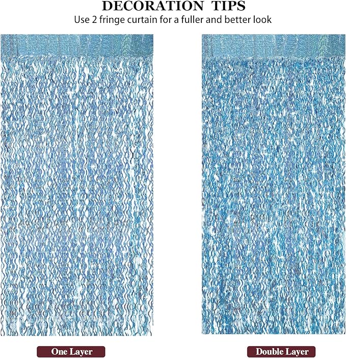 3 Pack 3.3 ft x 6.6 ft Tinsel Foil Fringe Curtain Blue - Foil Fringe Backdrop Wall Curtains for Baby Shower,Mermaid,Under The Sea,Ocean,Frozen Party Decorations