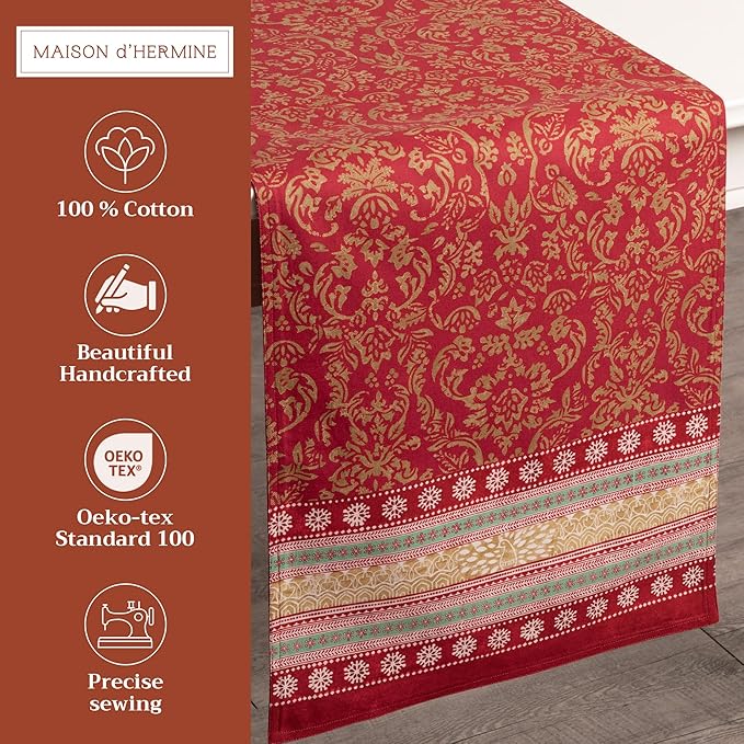 Maison d' Hermine Table Runner 100% Cotton Double Layer Table Runners 72 inches Long for Thanksgiving Christmas Decorations Home Kitchen Dining Party Wedding (Sofia, 14.5" x 72")